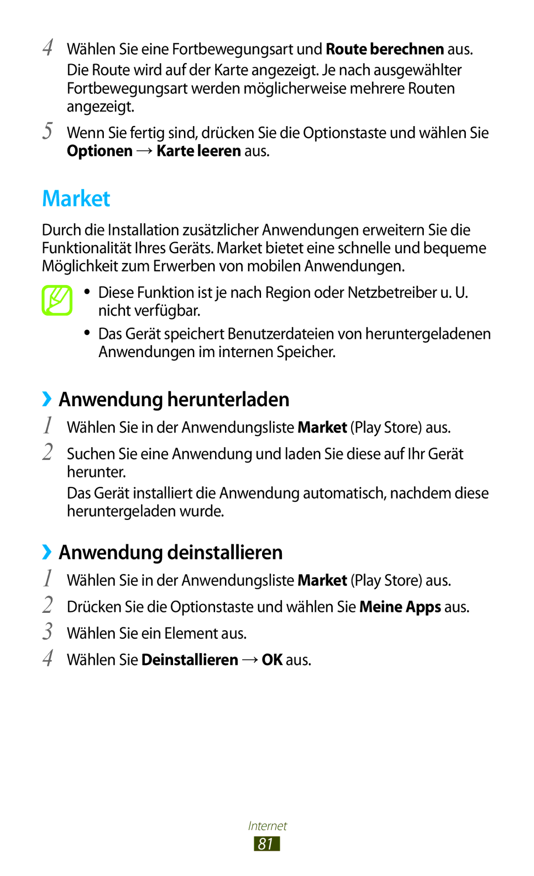 Samsung GT-S5300ZKAPLS, GT2S5300ZKADBT manual Market, ››Anwendung deinstallieren, Wählen Sie Deinstallieren → OK aus 