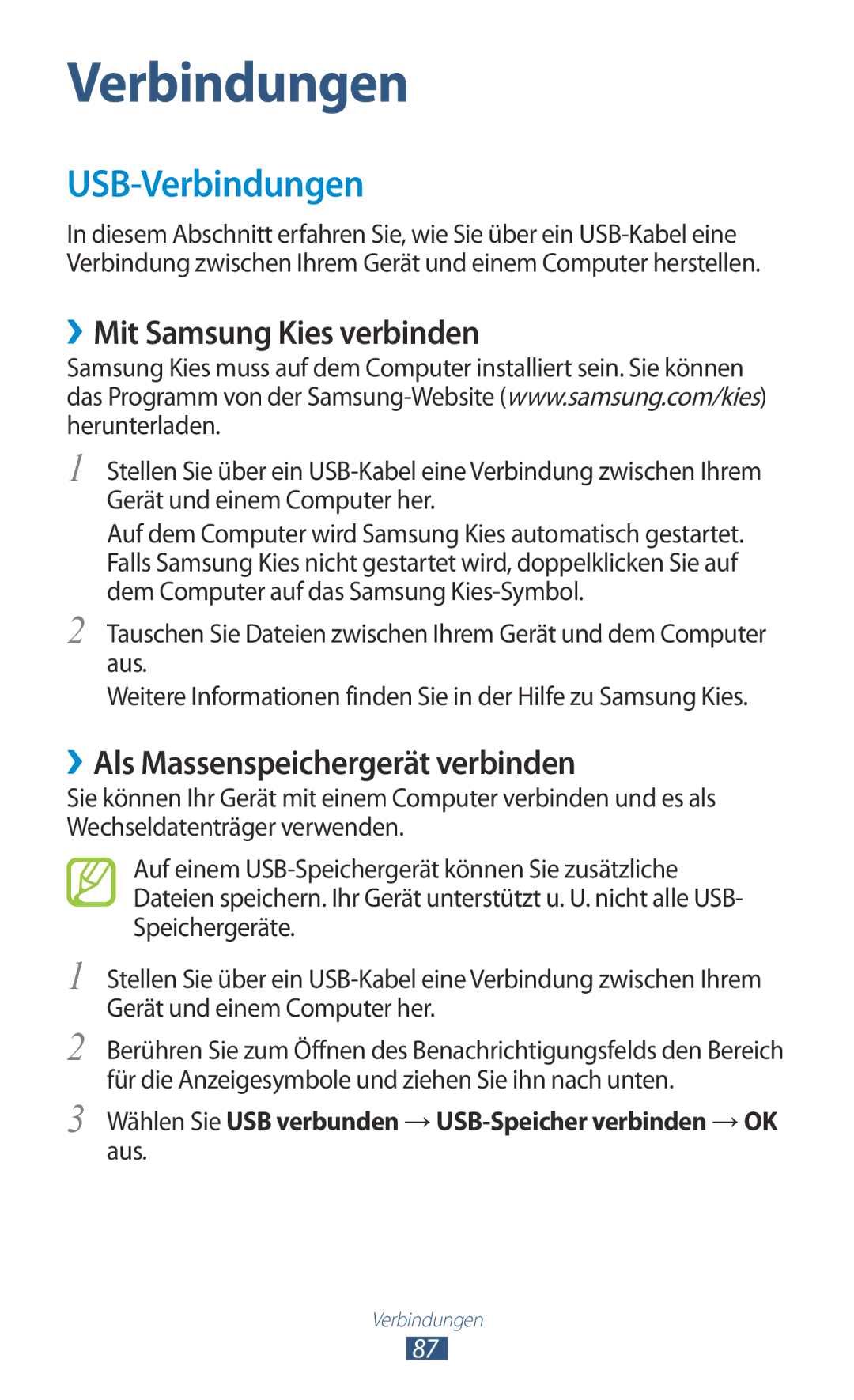 Samsung GT-S5300ZWATUR, GT2S5300ZKADBT USB-Verbindungen, ››Mit Samsung Kies verbinden, ››Als Massenspeichergerät verbinden 