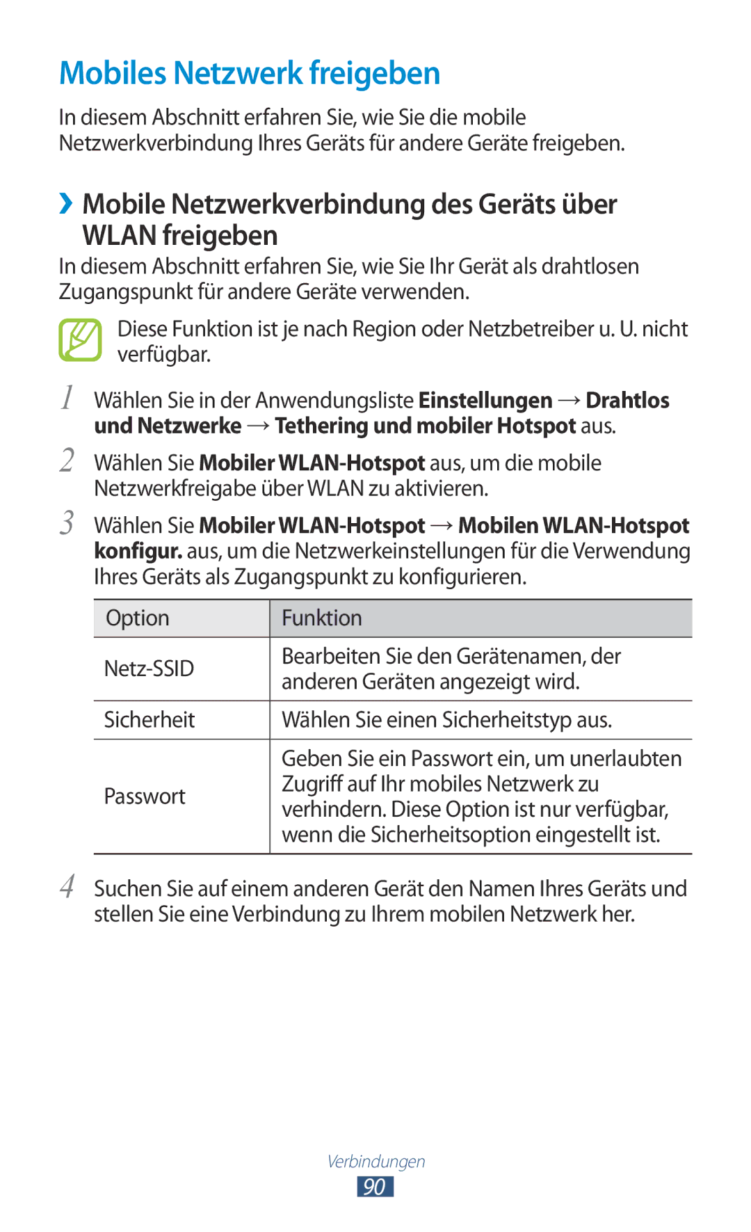 Samsung GT-S5300ZKATUR manual Mobiles Netzwerk freigeben, ››Mobile Netzwerkverbindung des Geräts über Wlan freigeben 