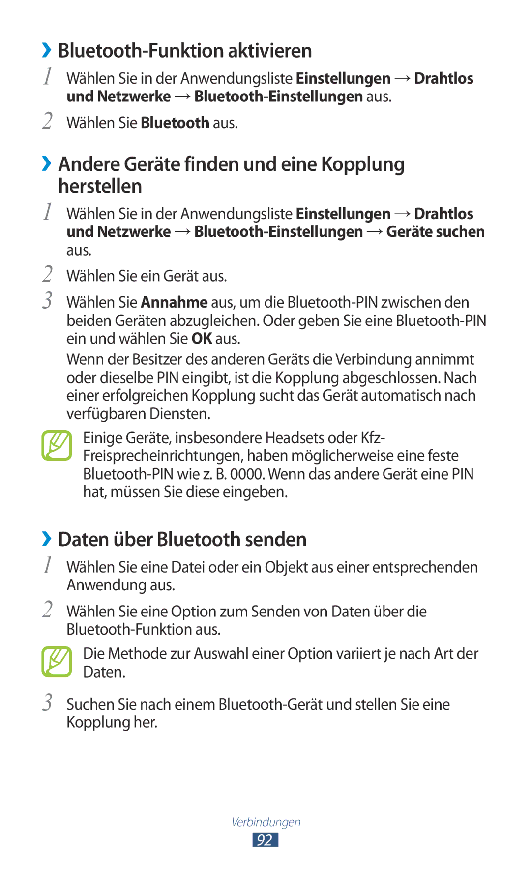 Samsung GT-S5300ZWADBT manual ››Bluetooth-Funktion aktivieren, ››Andere Geräte finden und eine Kopplung herstellen 