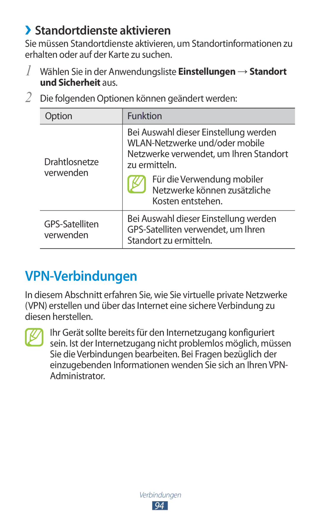 Samsung GT2S5300ZWADBT, GT2S5300ZKADBT, GT-S5300ZKAPLS manual VPN-Verbindungen, ››Standortdienste aktivieren, Zu ermitteln 