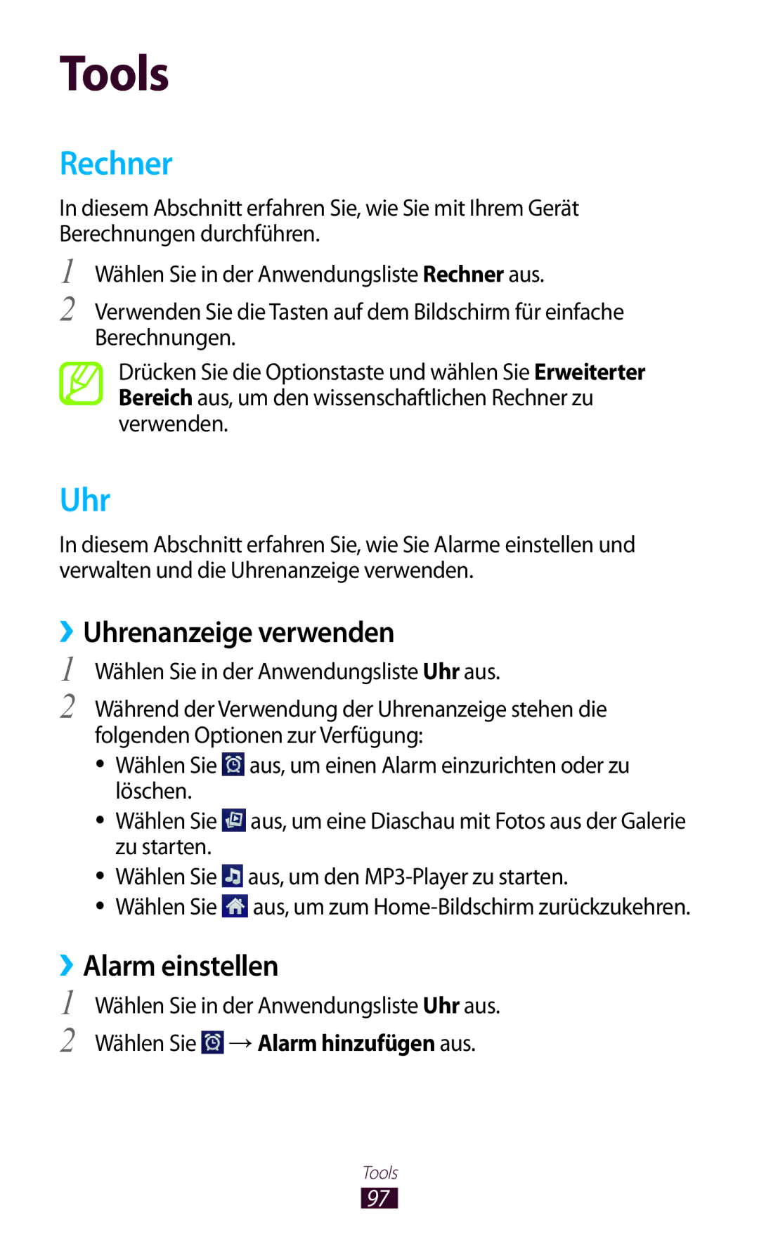 Samsung GT-S5300ZKAPLS, GT2S5300ZKADBT, GT-S5300ZKATUR manual Rechner, ››Uhrenanzeige verwenden, Alarm einstellen 