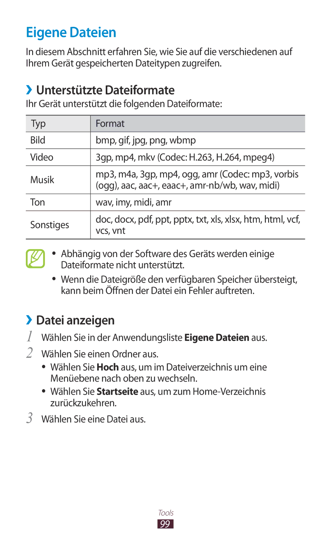 Samsung GT-S5300ZKAEUR, GT2S5300ZKADBT, GT-S5300ZKAPLS manual Eigene Dateien, ››Unterstützte Dateiformate, ››Datei anzeigen 