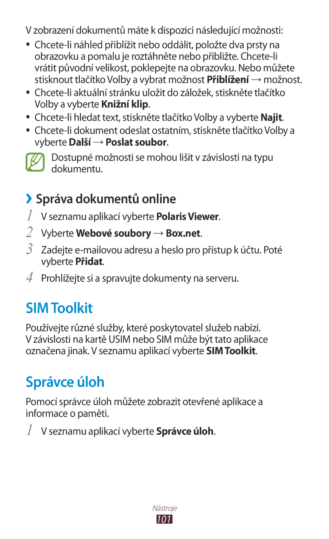 Samsung GT-S5300ZYAXSK manual SIM Toolkit, Správce úloh, ››Správa dokumentů online, Vyberte Webové soubory → Box.net, 101 