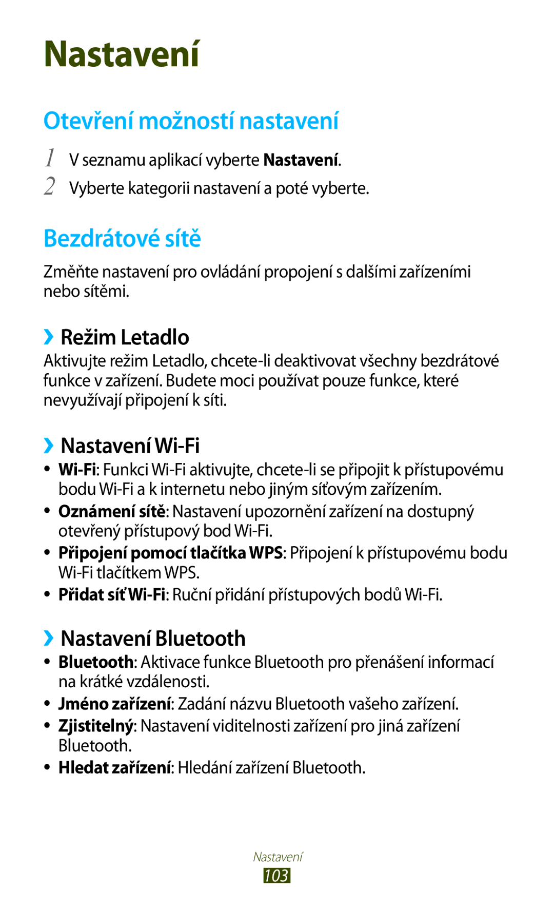 Samsung GT2S5300ZYAXSK, GT2S5300ZKAO2C Otevření možností nastavení, Bezdrátové sítě, ››Režim Letadlo, ››Nastavení Wi-Fi 