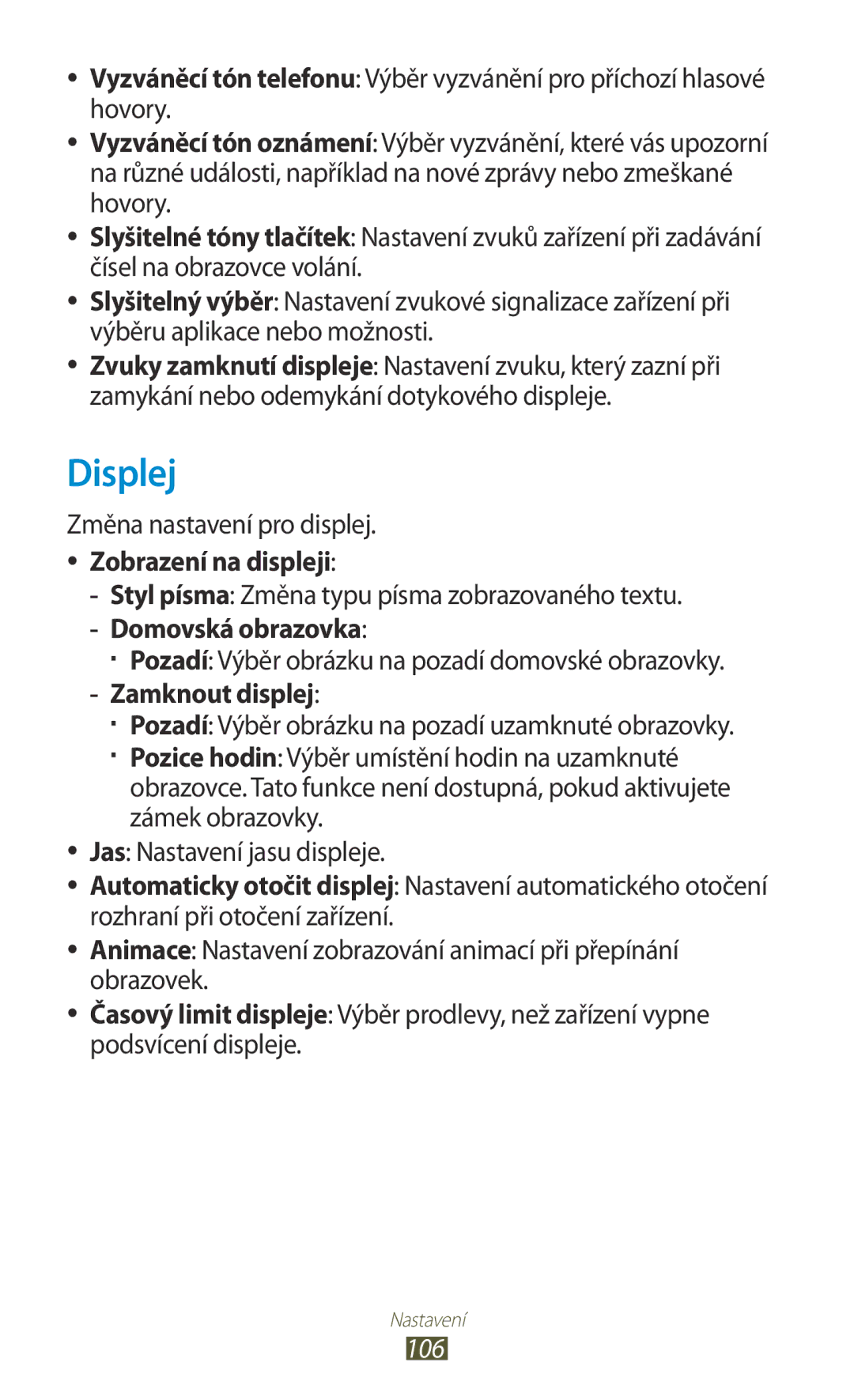 Samsung GT2S5300ZKAXSK, GT2S5300ZKAO2C Displej, Změna nastavení pro displej, Zobrazení na displeji, Zamknout displej, 106 