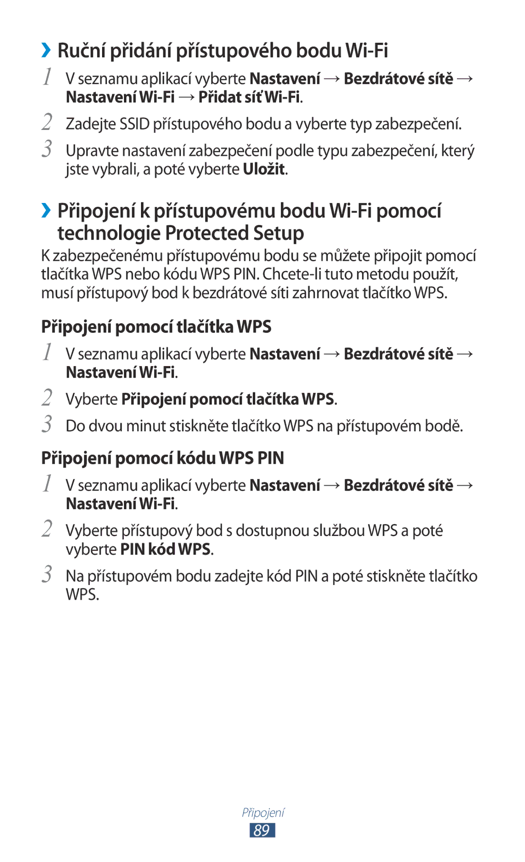 Samsung GT-S5300ZKAO2C, GT2S5300ZKAO2C manual ››Ruční přidání přístupového bodu Wi-Fi, Vyberte Připojení pomocí tlačítka WPS 