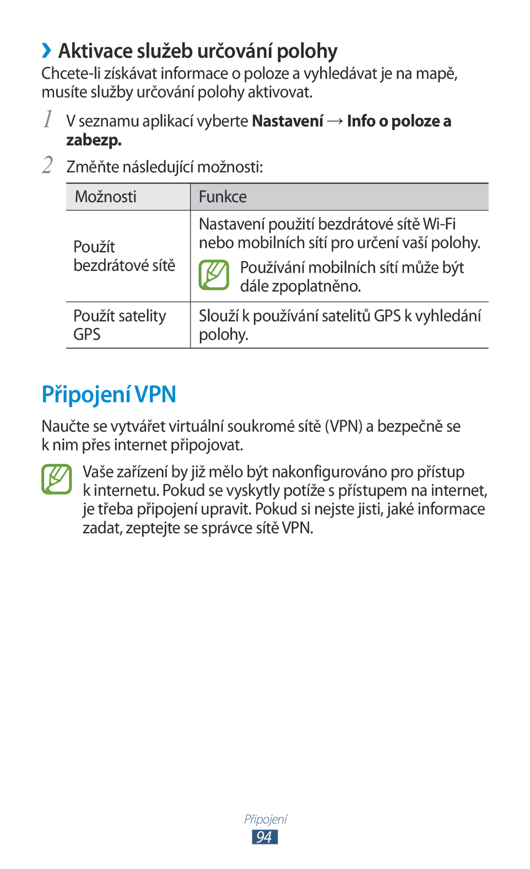 Samsung GT-S5300ZWAO2C, GT2S5300ZKAO2C, GT-S5300ZKAXEZ manual Připojení VPN, ››Aktivace služeb určování polohy, Zabezp 