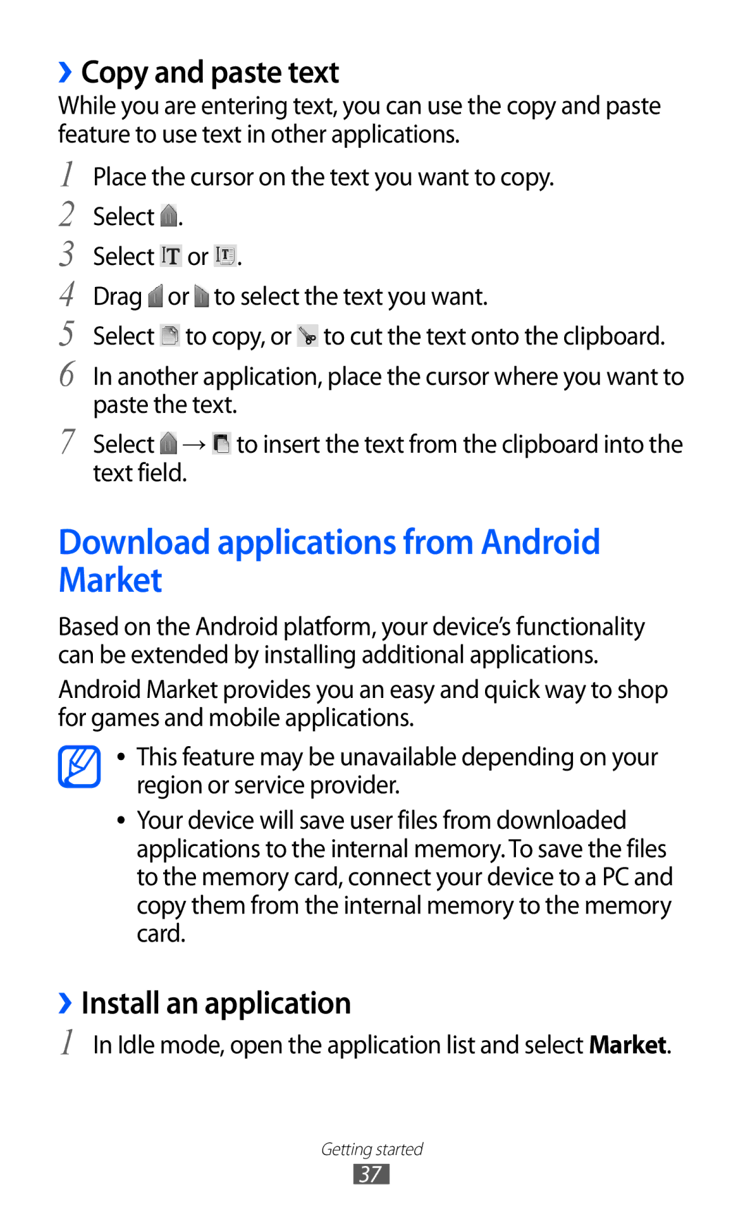 Samsung GT-S5369OIAFTM manual Download applications from Android Market, ››Copy and paste text, ››Install an application 
