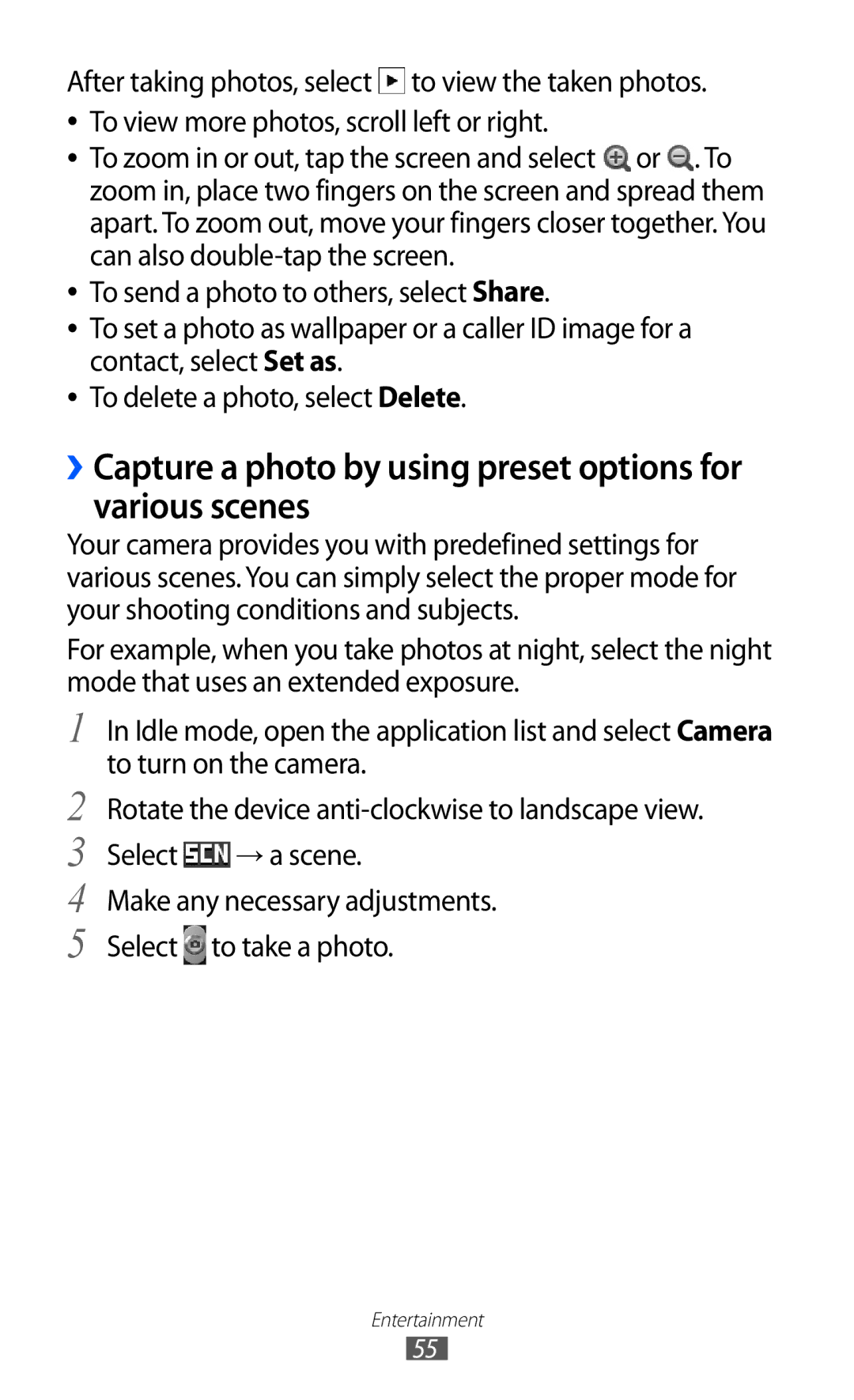 Samsung GT-S5369TKALPM, GT2S5369MAAVDR, GT-S5369MASCYV manual ››Capture a photo by using preset options for various scenes 