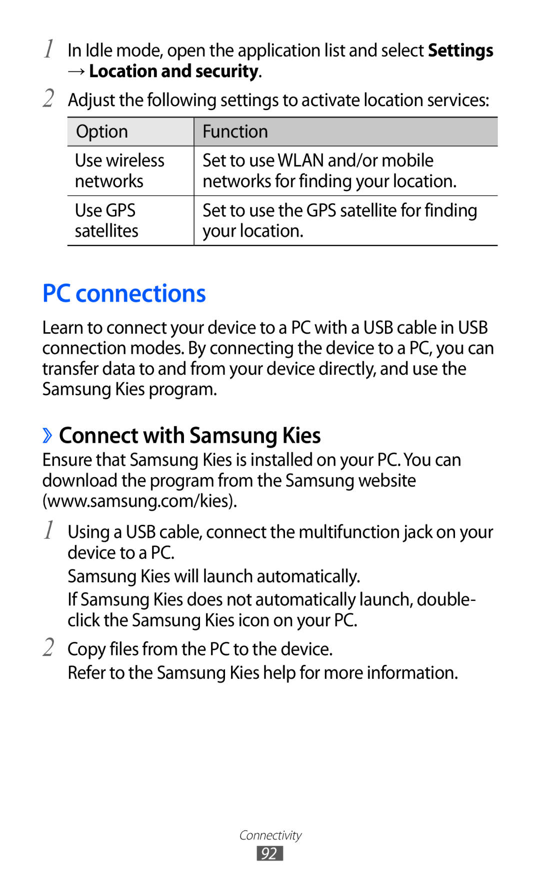 Samsung GT-S5369MAAATL PC connections, ››Connect with Samsung Kies, → Location and security, Satellites Your location 