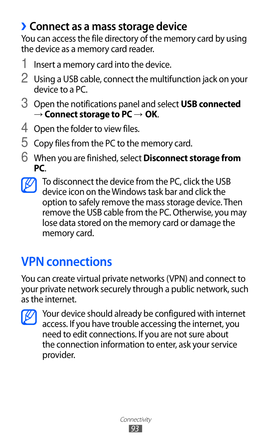 Samsung GT-S5369UWAATL, GT2S5369MAAVDR, GT-S5369MASCYV, GT-S5369MAAVDR VPN connections, ››Connect as a mass storage device 