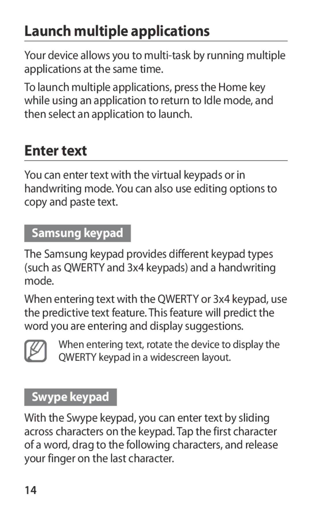 Samsung GT-S5369OIAOMN, GT2S5369MAAVDR manual Launch multiple applications, Enter text, Samsung keypad, Swype keypad 