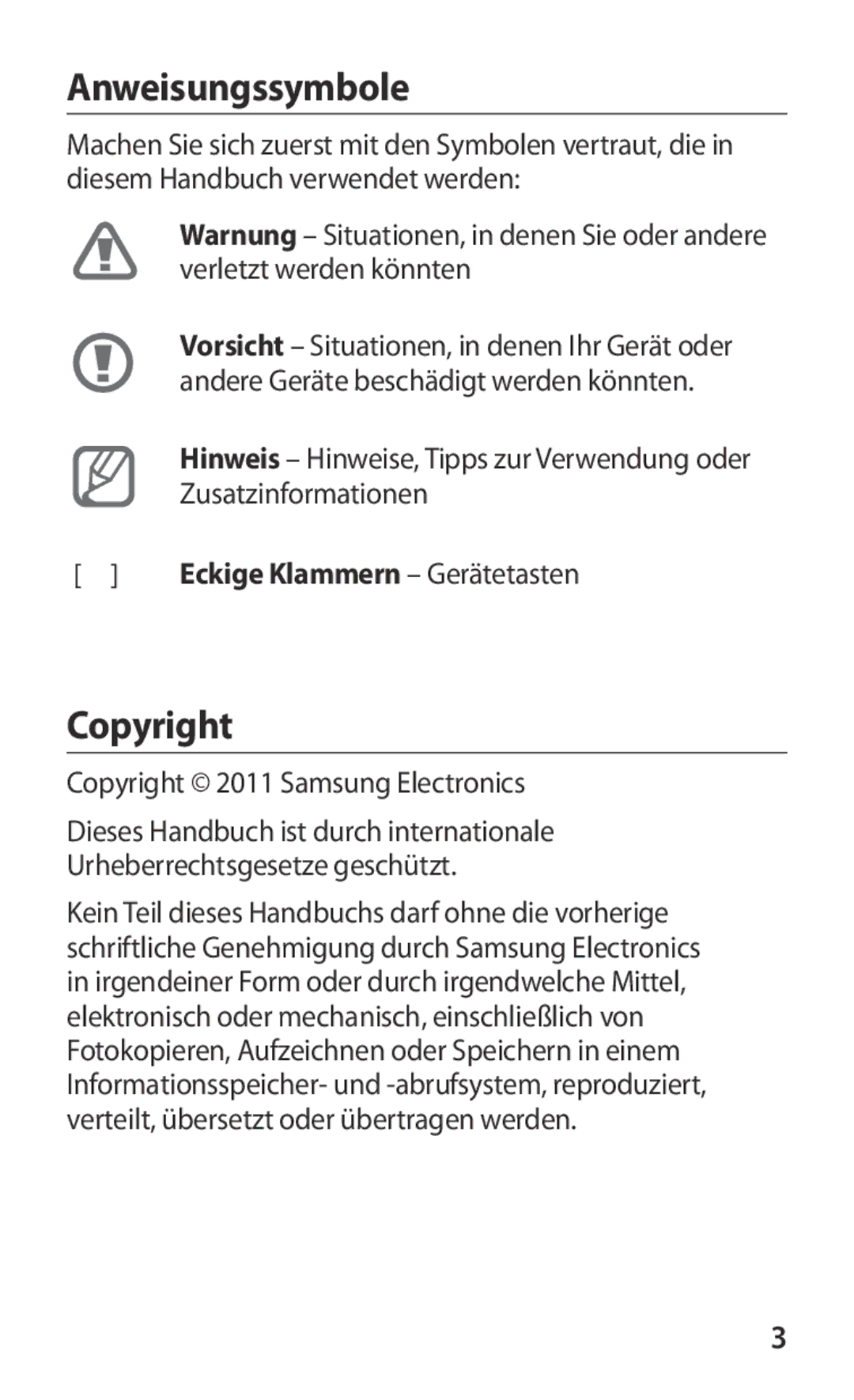 Samsung GT2S5369MAAVDR, GT-S5369MASCYV, GT-S5369MAAVDR manual Anweisungssymbole, Copyright 