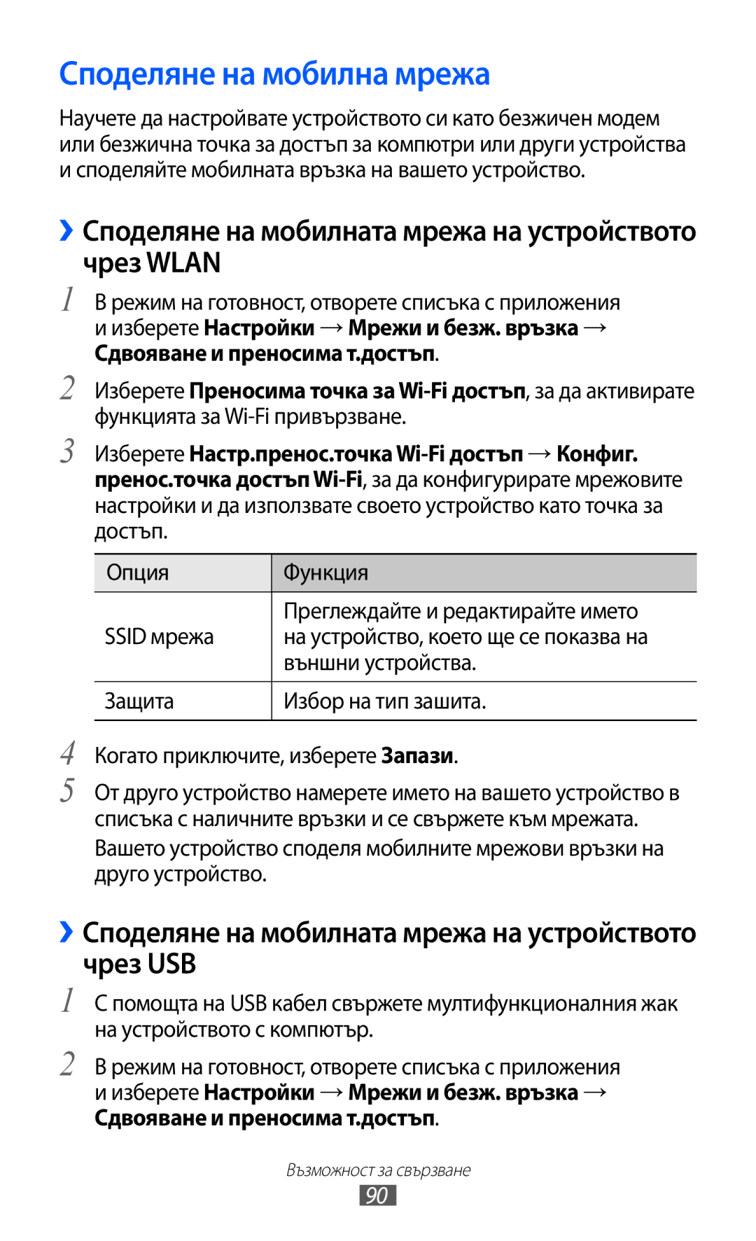 Samsung GT2S5570AAIBGL manual Споделяне на мобилна мрежа, ››Споделяне на мобилната мрежа на устройството чрез Wlan 