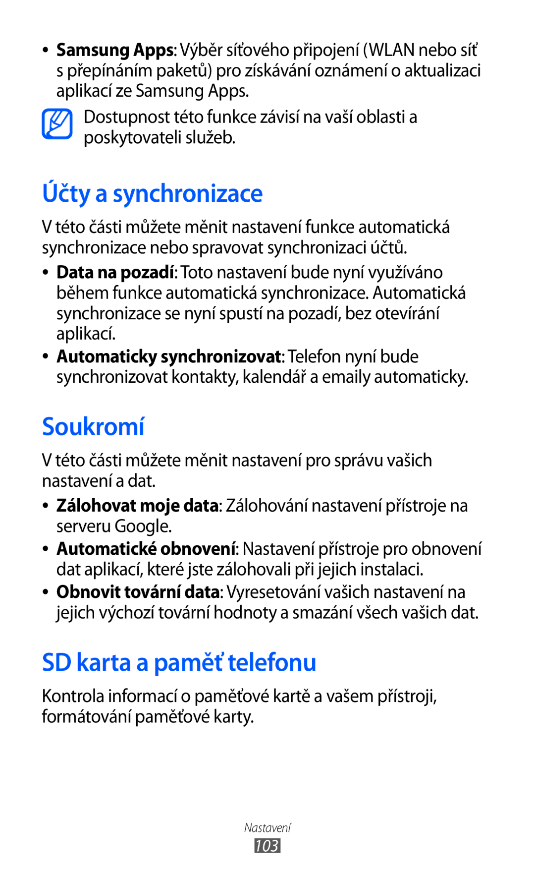 Samsung GT-S5570EGAXSK, GT2S5570CWAXEZ, GT2S5570AAAXEZ manual Účty a synchronizace, Soukromí, SD karta a paměť telefonu 