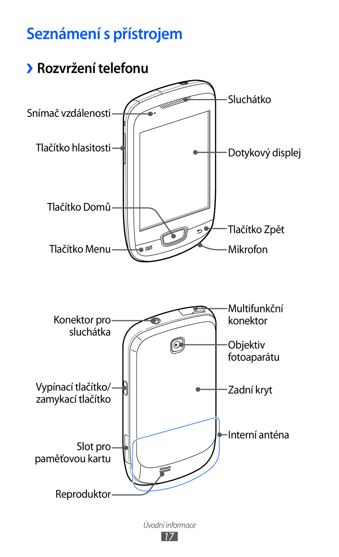 Samsung GT-S5570EGAXEZ, GT2S5570CWAXEZ, GT2S5570AAAXEZ, GT-S5570MAAXSK manual Seznámení s přístrojem, ››Rozvržení telefonu 