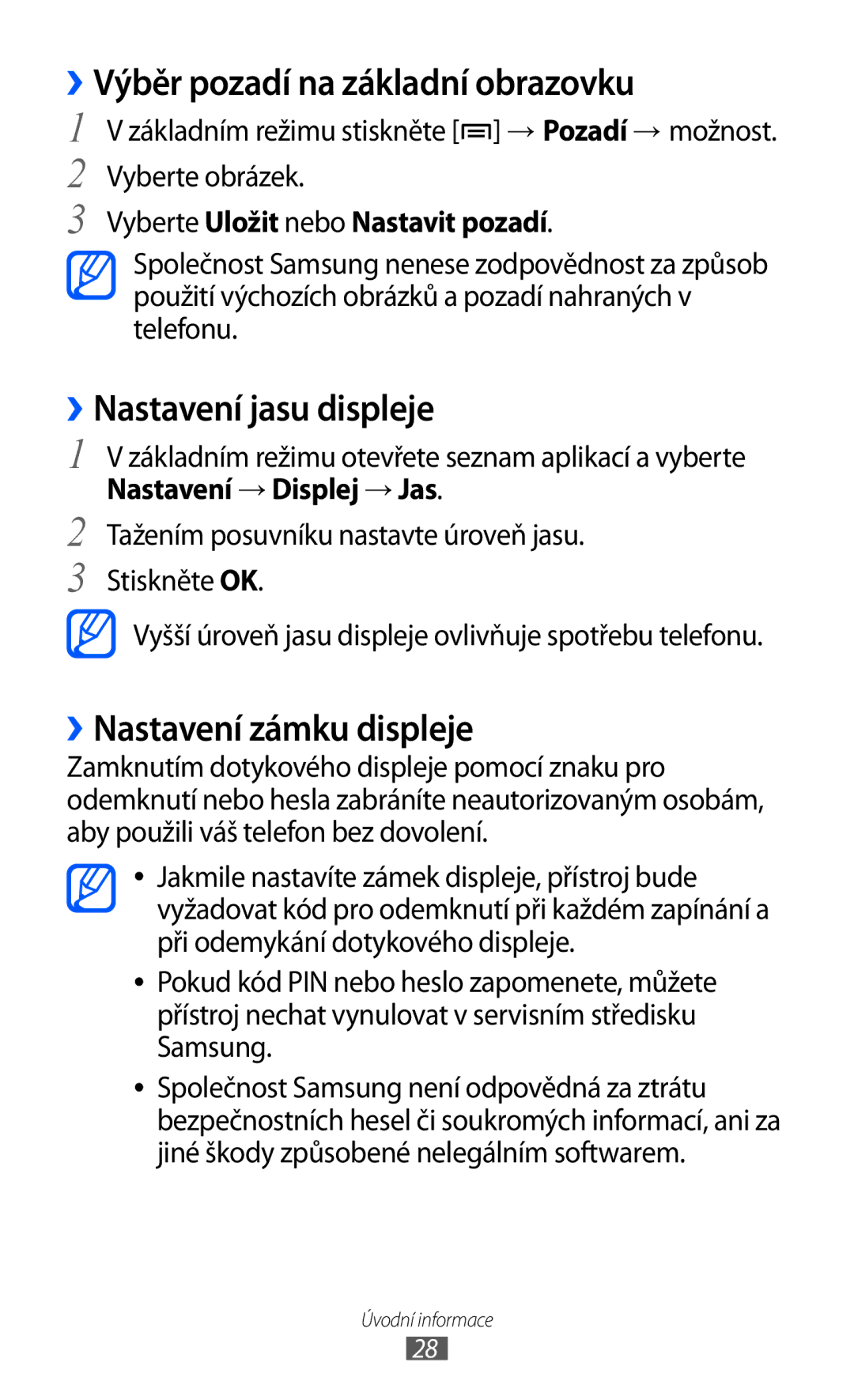 Samsung GT-S5570AAAO2C manual ››Výběr pozadí na základní obrazovku, ››Nastavení jasu displeje, ››Nastavení zámku displeje 