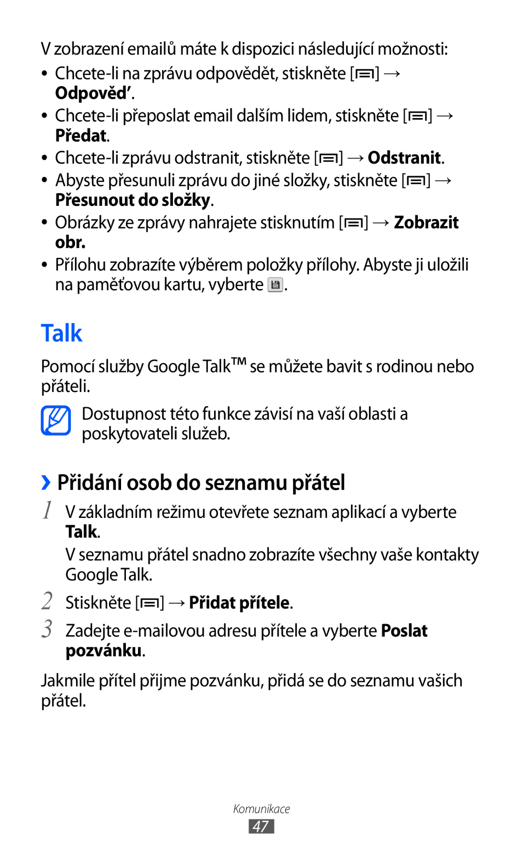 Samsung GT-S5570EGAO2C, GT2S5570CWAXEZ, GT2S5570AAAXEZ manual Talk, ››Přidání osob do seznamu přátel, Přesunout do složky 