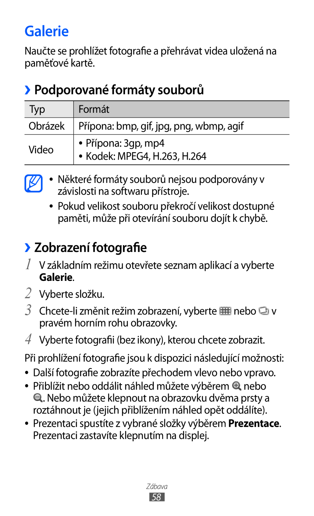 Samsung GT-S5570CWAXEZ, GT2S5570CWAXEZ, GT2S5570AAAXEZ manual Galerie, ››Podporované formáty souborů, ››Zobrazení fotografie 