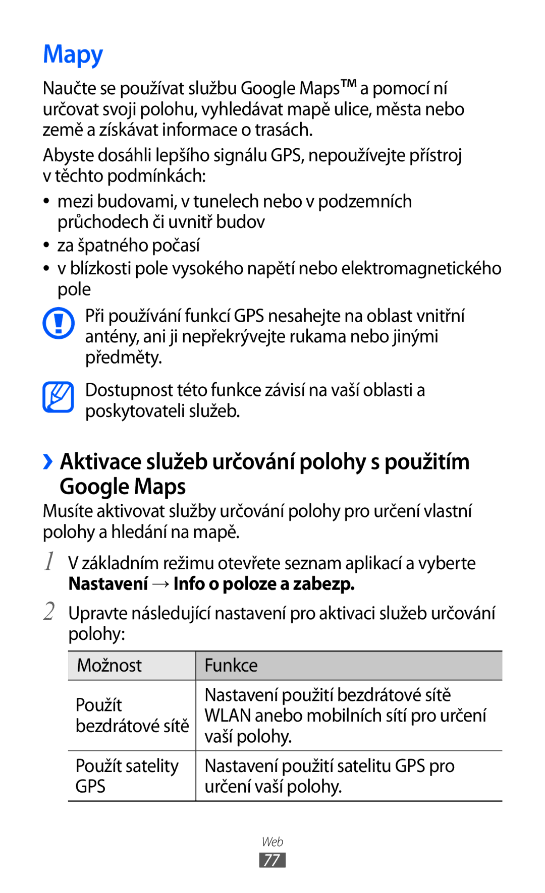 Samsung GT-S5570EGAXEZ, GT2S5570CWAXEZ, GT2S5570AAAXEZ, GT-S5570MAAXSK Mapy, Google Maps, Nastavení → Info o poloze a zabezp 
