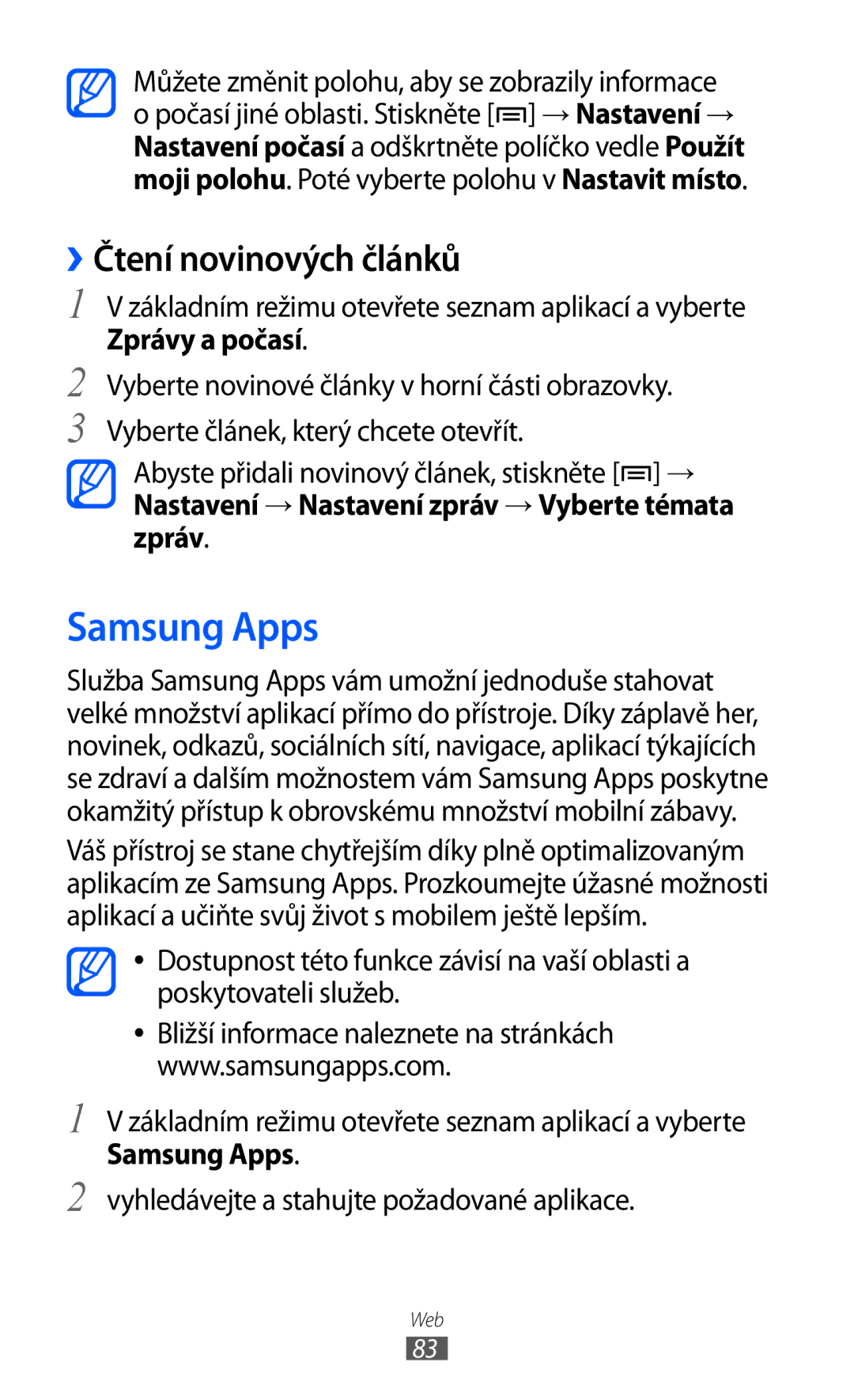 Samsung GT-S5570EGAXSK, GT2S5570CWAXEZ, GT2S5570AAAXEZ, GT-S5570MAAXSK manual Samsung Apps, ››Čtení novinových článků 