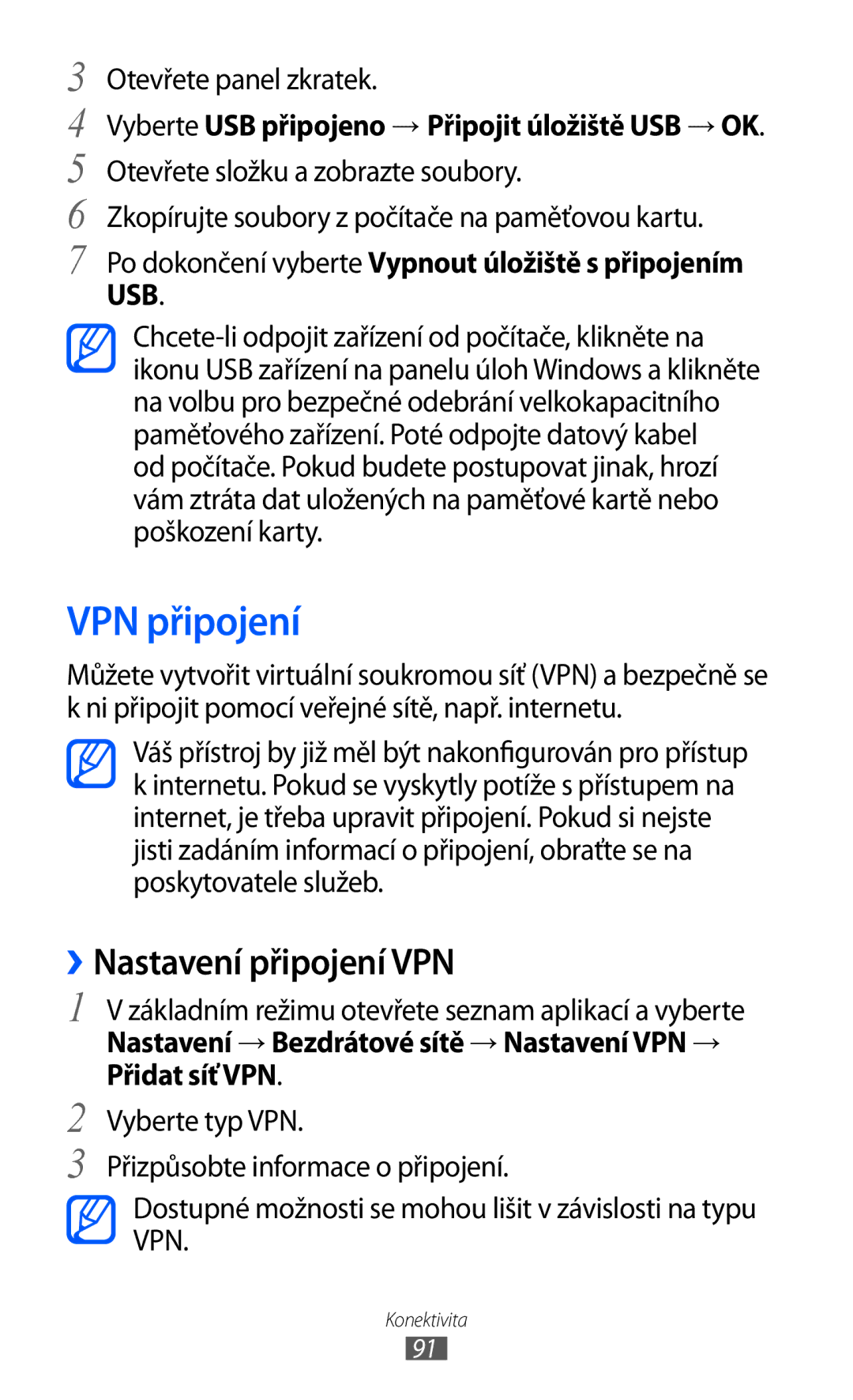 Samsung GT-S5570EGAVDC manual VPN připojení, ››Nastavení připojení VPN, Vyberte USB připojeno → Připojit úložiště USB → OK 