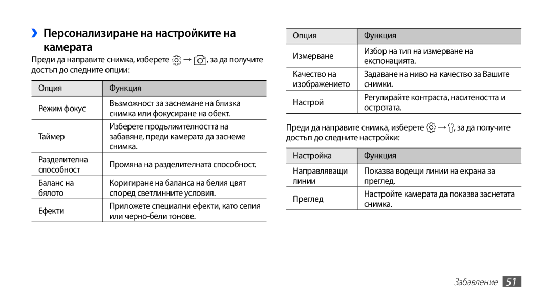 Samsung GT2S5660DSABGL, GT2S5660DSAMTL, GT-S5660SWAMTL, GT-S5660SWAVVT manual ››Персонализиране на настройките на камерата 