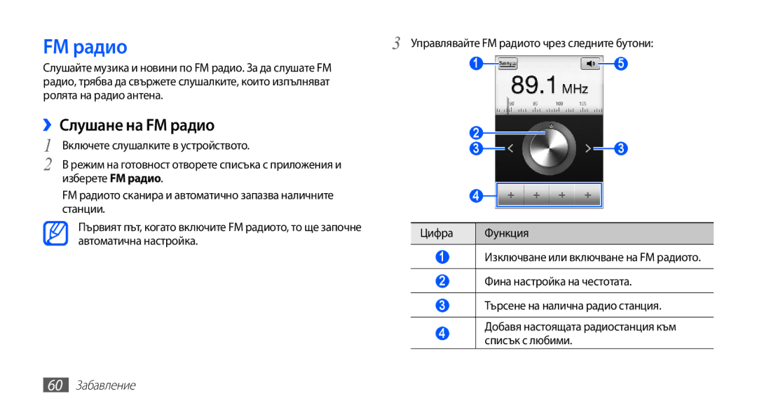 Samsung GT2S5660SWAVVT, GT2S5660DSAMTL, GT-S5660SWAMTL, GT-S5660SWAVVT manual ››Слушане на FM радио, 60 Забавление 