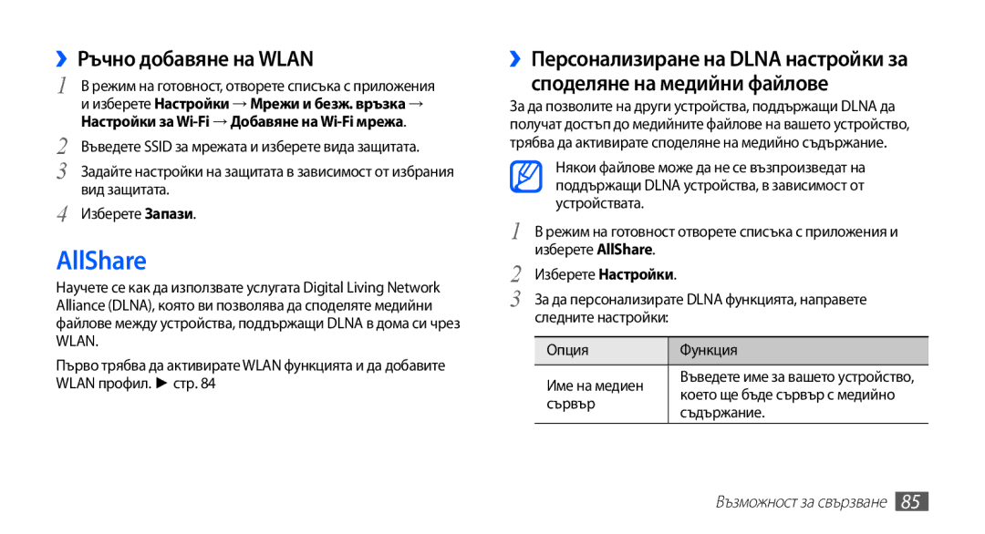 Samsung GT-S5830OKAMTL, GT2S5830OKABGL, GT-S5830RWAMTL manual AllShare, ››Ръчно добавяне на Wlan, Сървър, Съдържание 