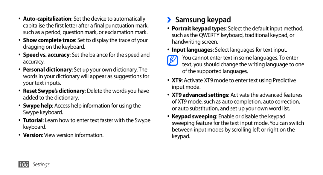 Samsung GT-S5830OKESKZ, GT2S5830OKIDBT, GT-S5830OKITPH ›› Samsung keypad, Input languages Select languages for text input 