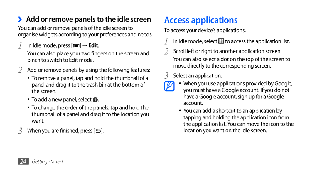 Samsung GT-S5830UWZTUR, GT2S5830OKIDBT Access applications, To access your device’s applications, Select an application 