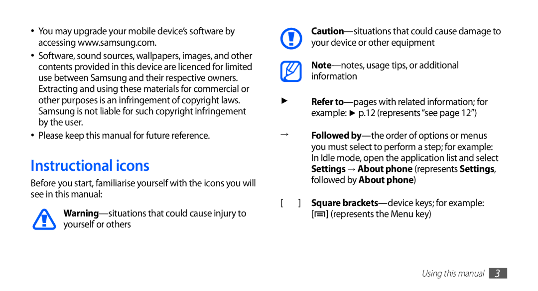 Samsung GT-S5830RWIDTM, GT2S5830OKIDBT, GT-S5830OKITPH Instructional icons, Please keep this manual for future reference 