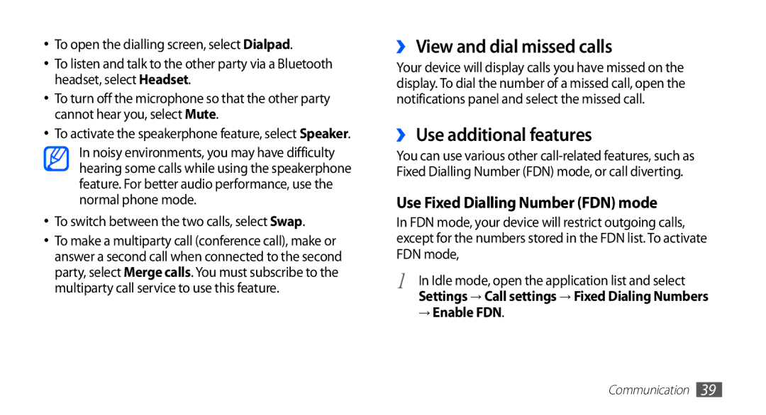 Samsung GT-S5830UWIXEF, GT2S5830OKIDBT, GT-S5830OKITPH manual ›› View and dial missed calls, ›› Use additional features 