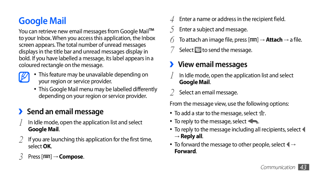 Samsung GT-S5830UWIVGF, GT2S5830OKIDBT manual Google Mail, ›› Send an email message, ›› View email messages, → Reply all 