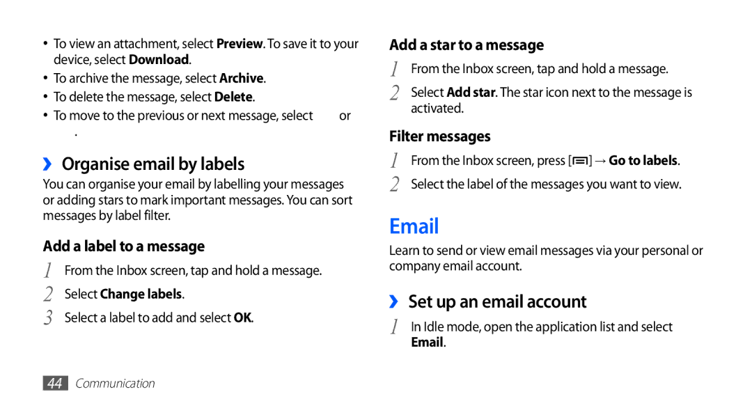 Samsung GT-S5830RWINRJ manual ›› Organise email by labels, ›› Set up an email account, Select Change labels, Activated 