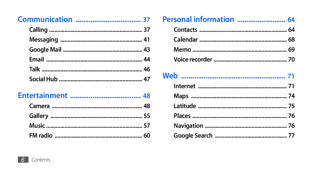 Samsung GT-S5830OKITUR, GT2S5830OKIDBT, GT-S5830OKITPH manual Communication Personal information, Web, Entertainment 