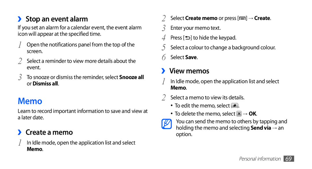 Samsung GT-S5830RWIYOG, GT2S5830OKIDBT, GT-S5830OKITPH manual Memo, ›› Stop an event alarm, ›› Create a memo, ›› View memos 