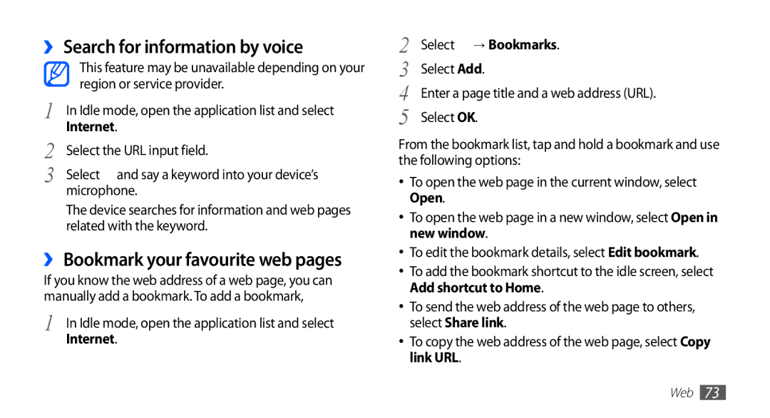 Samsung GT-S5830OKIXEC manual ›› Search for information by voice, ›› Bookmark your favourite web pages, Select → Bookmarks 