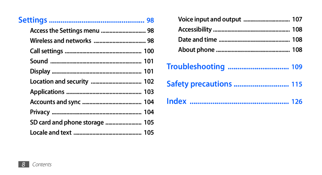 Samsung GT-S5830OKIVD2, GT2S5830OKIDBT, GT-S5830OKITPH, GT-S5830OKIITV Settings, Troubleshooting, Safety precautions, Index 