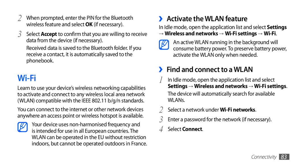 Samsung GT-S5830UWIFOP, GT2S5830OKIDBT, GT-S5830OKITPH Wi-Fi, ›› Activate the Wlan feature, ›› Find and connect to a Wlan 