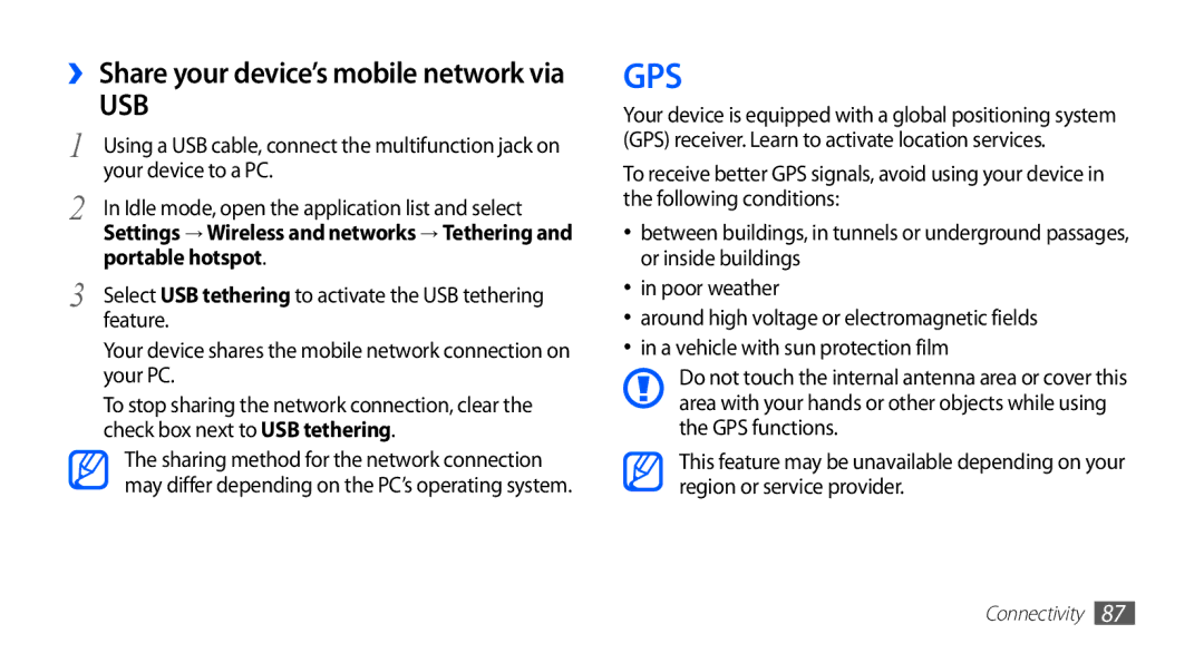 Samsung GT-S5830OKIAMN Your device to a PC, Portable hotspot, Your device shares the mobile network connection on your PC 