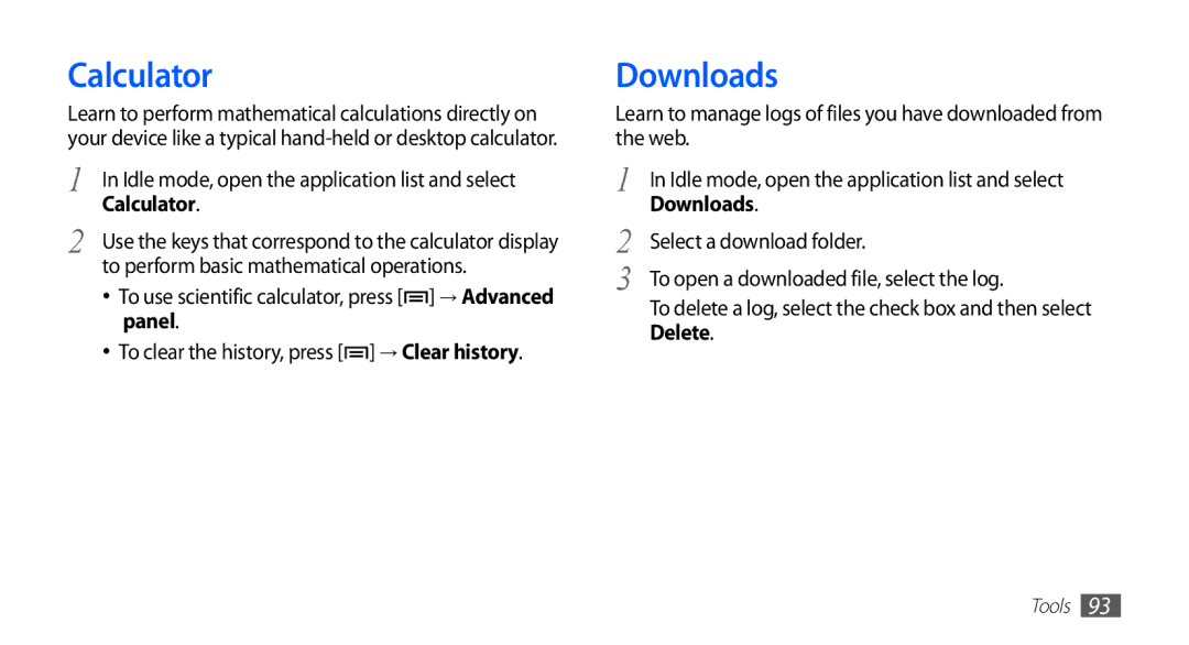 Samsung GT-S5830RWIPAK, GT2S5830OKIDBT manual Calculator, Downloads, To perform basic mathematical operations, Panel 