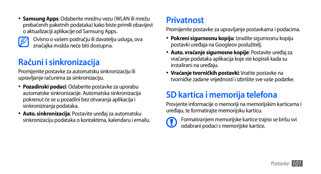 Samsung GT2S5830RWITWO, GT2S5830UWITWO, GT2S5830UWITRA Računi i sinkronizacija, Privatnost, SD kartica i memorija telefona 