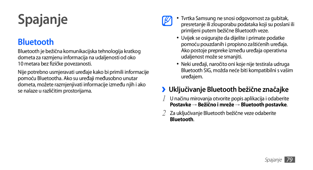 Samsung GT2S5830OKITWO, GT2S5830UWITWO, GT2S5830UWITRA manual Spajanje, ››Uključivanje Bluetooth bežične značajke 