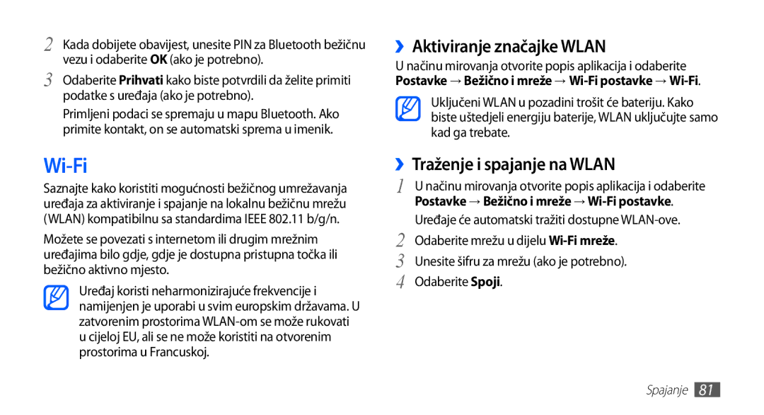 Samsung GT-S5830OKIVIP, GT2S5830UWITWO, GT2S5830UWITRA Wi-Fi, ››Aktiviranje značajke Wlan, ››Traženje i spajanje na Wlan 