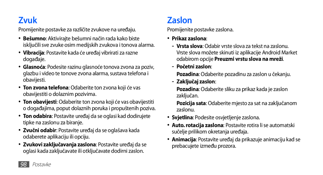 Samsung GT2S5830OKIVIP, GT2S5830UWITWO, GT2S5830UWITRA manual Zvuk, Zaslon, Prikaz zaslona, Početni zaslon, Zaključaj zaslon 