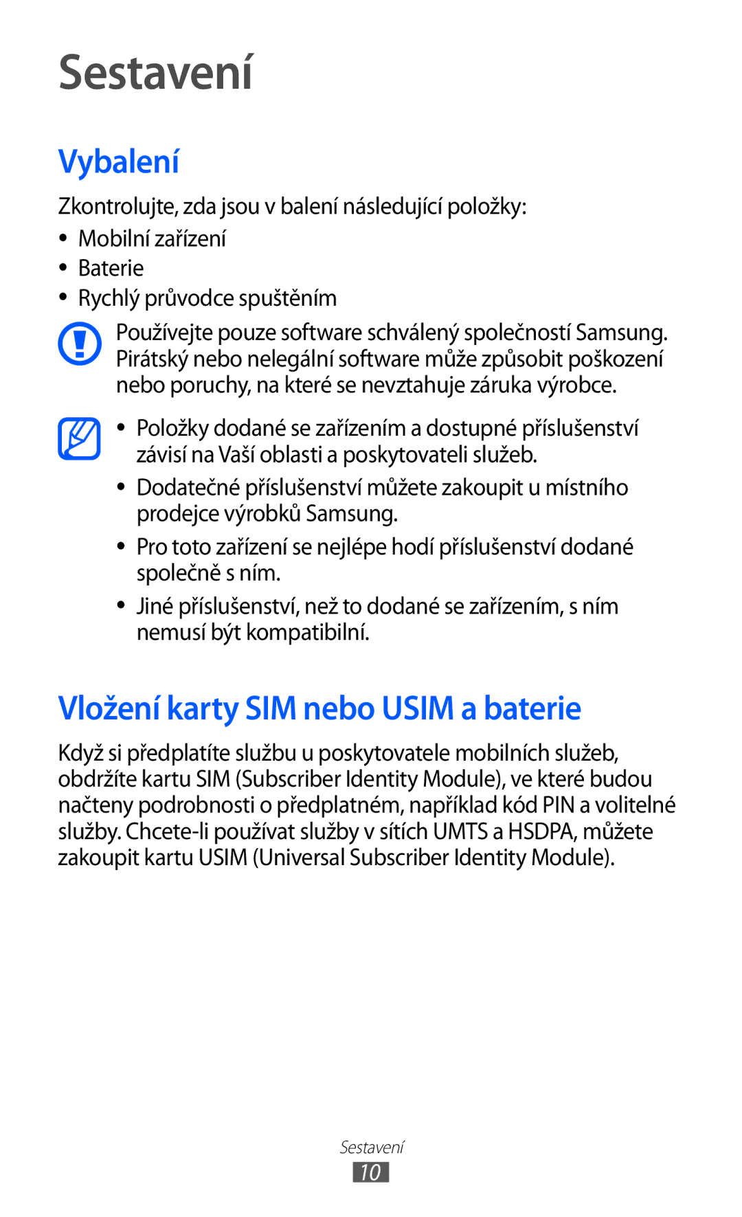 Samsung GT-S5839OKIVDC, GT2S5839OKITMZ, GT-S5839OKITMZ manual Sestavení, Vybalení, Vložení karty SIM nebo Usim a baterie 