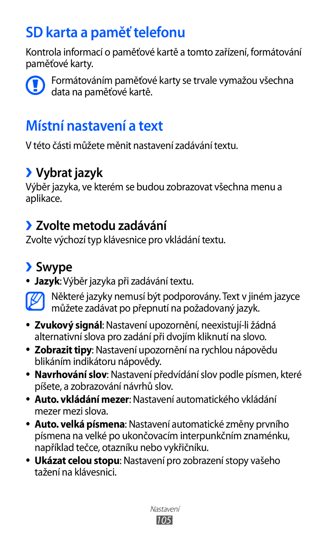 Samsung GT2S5839OKITMZ manual SD karta a paměť telefonu, Místní nastavení a text, ››Vybrat jazyk, ››Zvolte metodu zadávání 