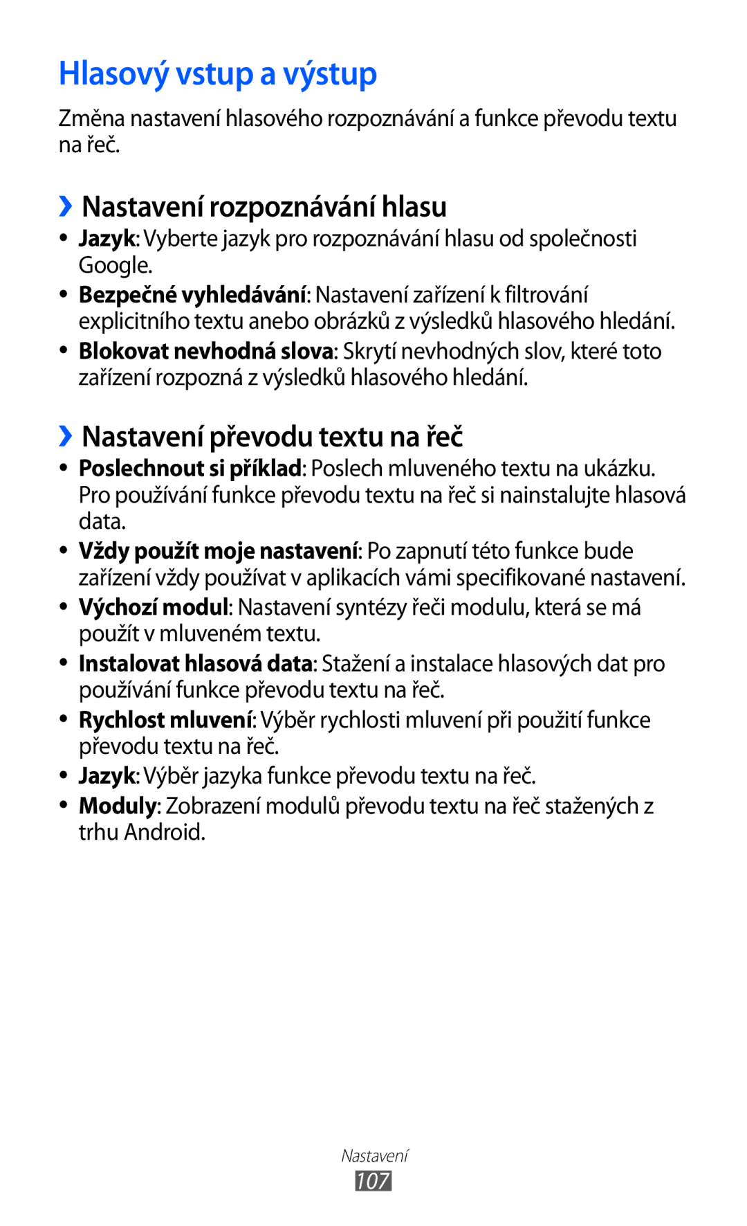 Samsung GT-S5839OKITMS manual Hlasový vstup a výstup, ››Nastavení rozpoznávání hlasu, ››Nastavení převodu textu na řeč, 107 